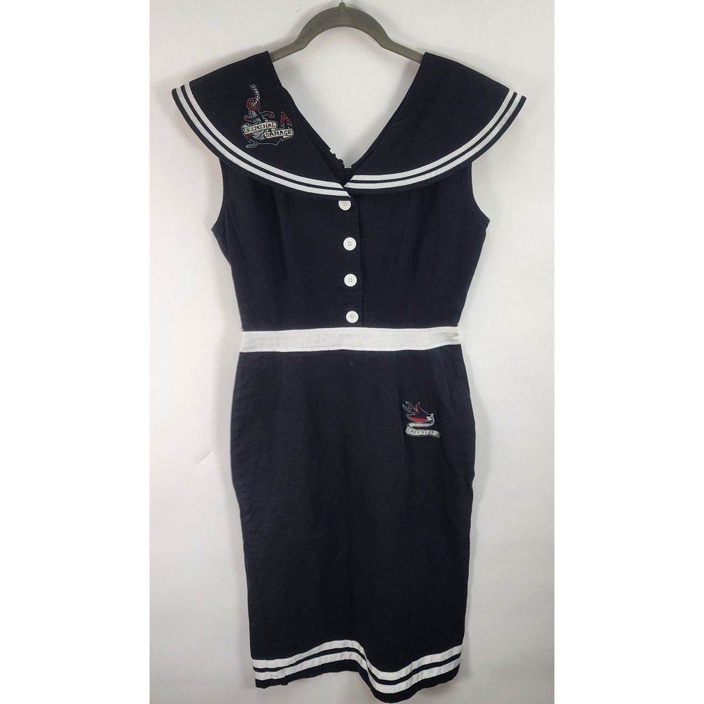 Criminal Damage Sailor Dress Women's L Black White Nautical Rockabilly Europe